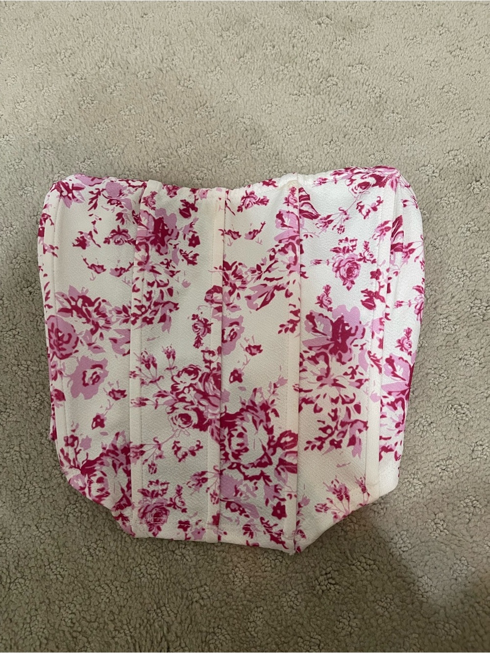 SHEIN White Floral Pink Strapless Crop Top